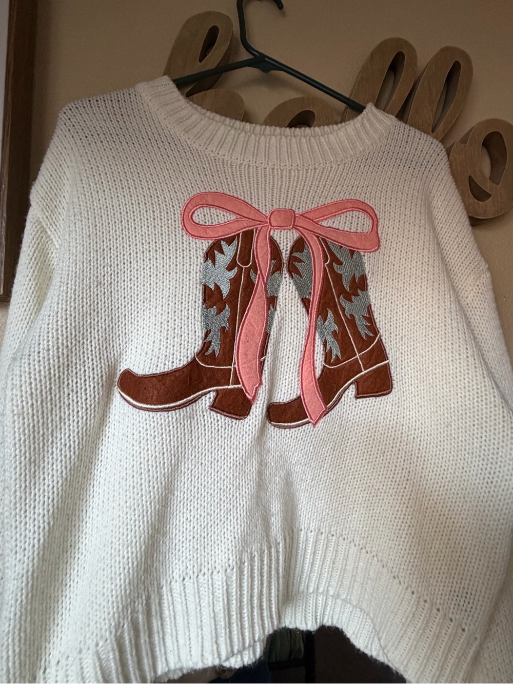 SHEIN Cream Crewneck Sweater with Pink Bow & Brown Boot Appliqué